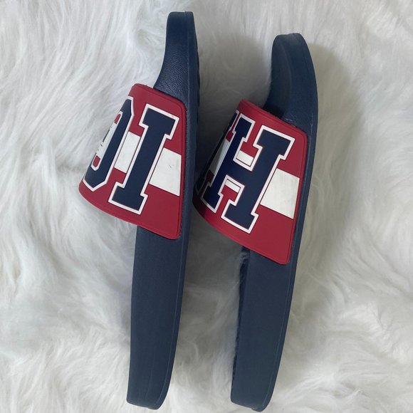 SOLD TOMMY HILFIGER "Hilfiger" Sandals Slides Red White Blue NWOT - Picture 2 of 9